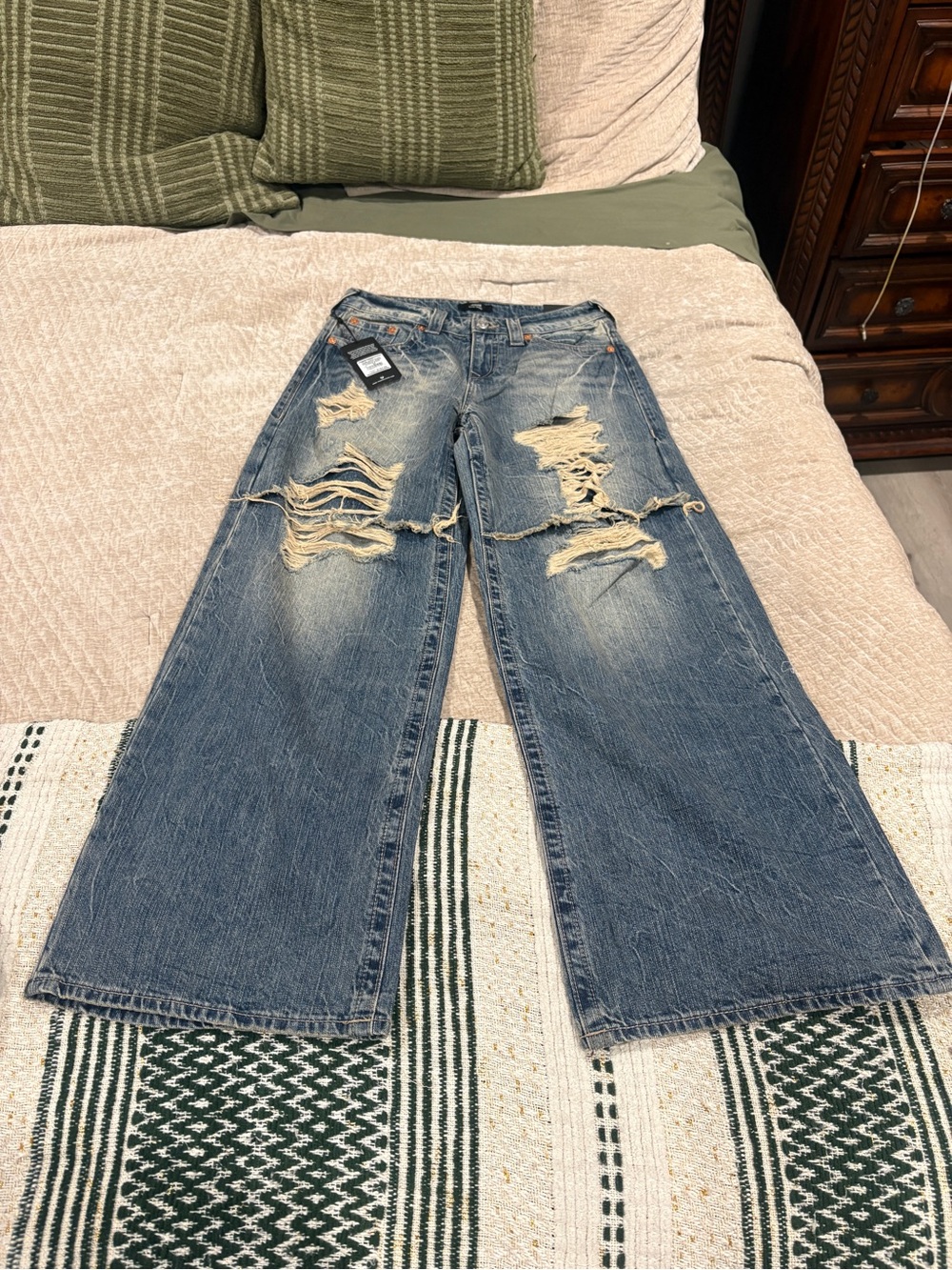 True Religion Distressed Light Blue Wide Leg Jeans